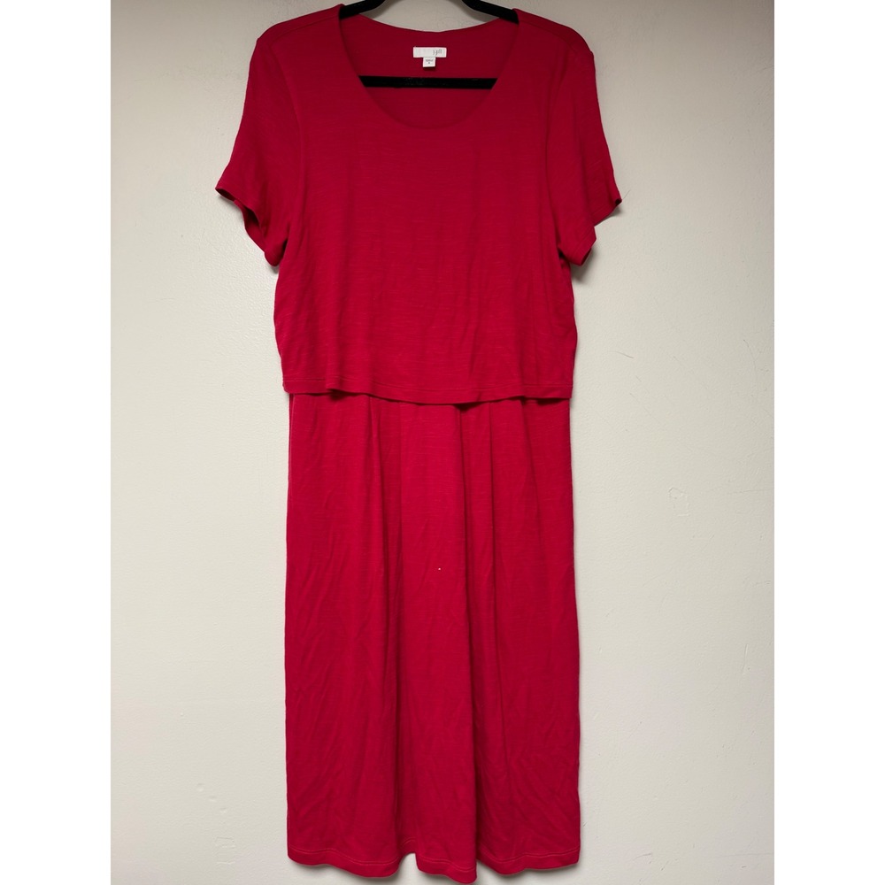 J. Jill Red Short Sleeve Tiered Button Back Midi Dress Womens Medium 98% Rayon